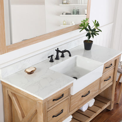 Vinnova, Villareal 60" Single Bath Vanity in Weathered Pine with Composite Stone Top in White, White Farmhouse Basin and Mirror