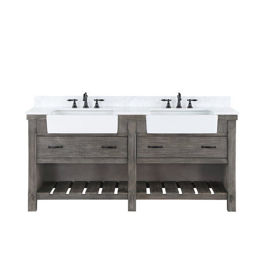 Vinnova, Villareal 72" Double Bath Vanity in Classical Grey with Composite Stone Top in White, White Farmhouse Basin