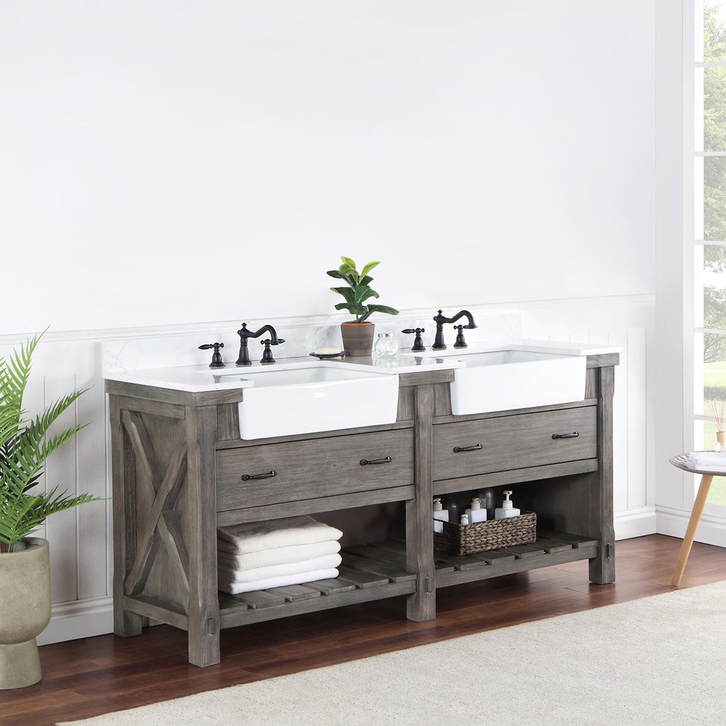 Vinnova, Villareal 72" Double Bath Vanity in Classical Grey with Composite Stone Top in White, White Farmhouse Basin