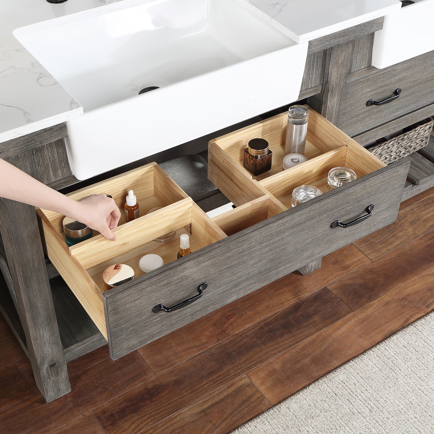Vinnova, Villareal 72" Double Bath Vanity in Classical Grey with Composite Stone Top in White, White Farmhouse Basin