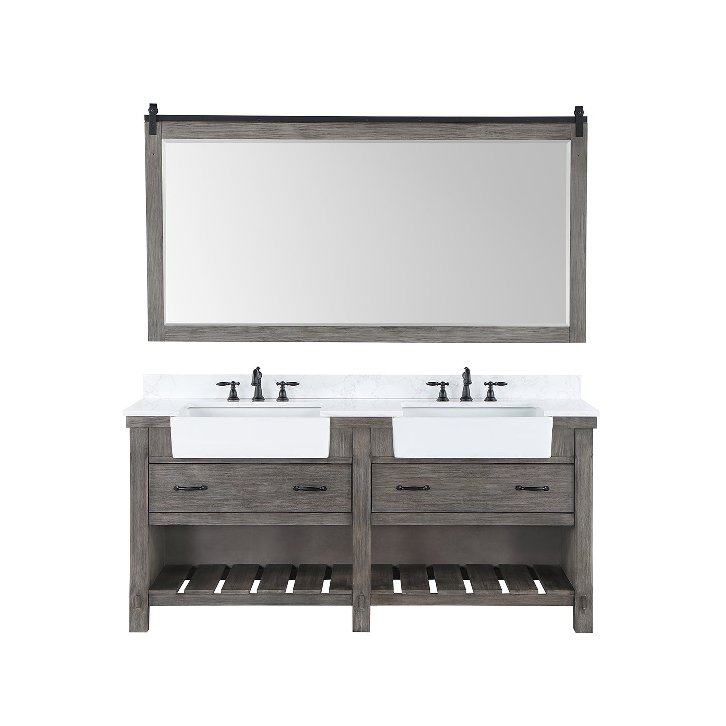 Vinnova, Villareal 72" Double Bath Vanity in Classical Grey with Composite Stone Top in White, White Farmhouse Basin and Mirror