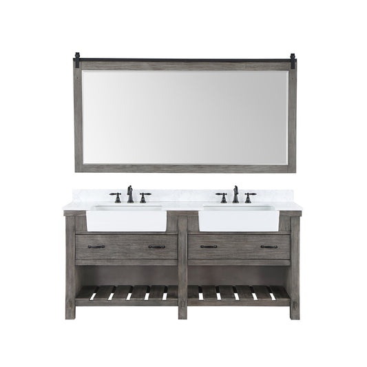 Vinnova, Villareal 72" Double Bath Vanity in Classical Grey with Composite Stone Top in White, White Farmhouse Basin and Mirror
