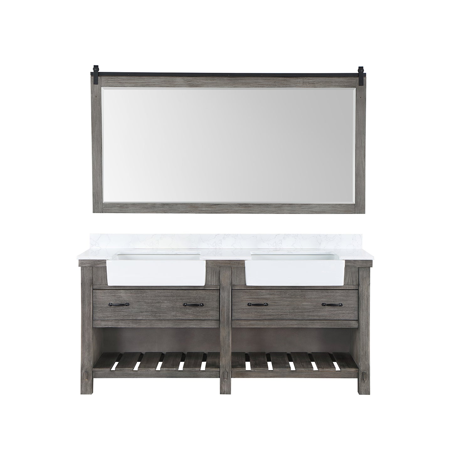 Vinnova, Villareal 72" Double Bath Vanity in Classical Grey with Composite Stone Top in White, White Farmhouse Basin and Mirror