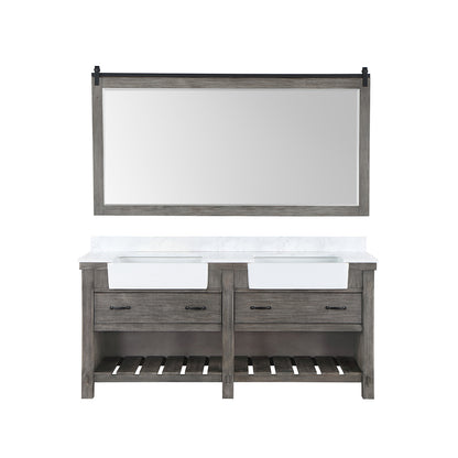Vinnova, Villareal 72" Double Bath Vanity in Classical Grey with Composite Stone Top in White, White Farmhouse Basin and Mirror