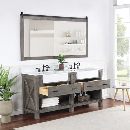 Vinnova, Villareal 72" Double Bath Vanity in Classical Grey with Composite Stone Top in White, White Farmhouse Basin and Mirror
