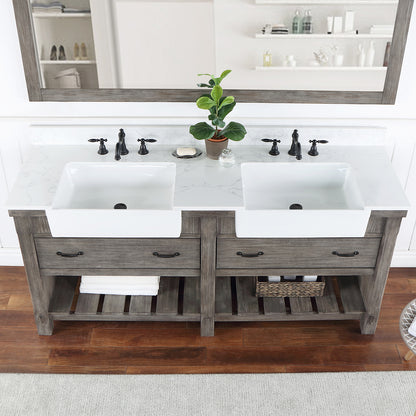 Vinnova, Villareal 72" Double Bath Vanity in Classical Grey with Composite Stone Top in White, White Farmhouse Basin and Mirror