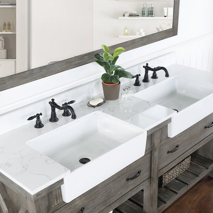 Vinnova, Villareal 72" Double Bath Vanity in Classical Grey with Composite Stone Top in White, White Farmhouse Basin and Mirror