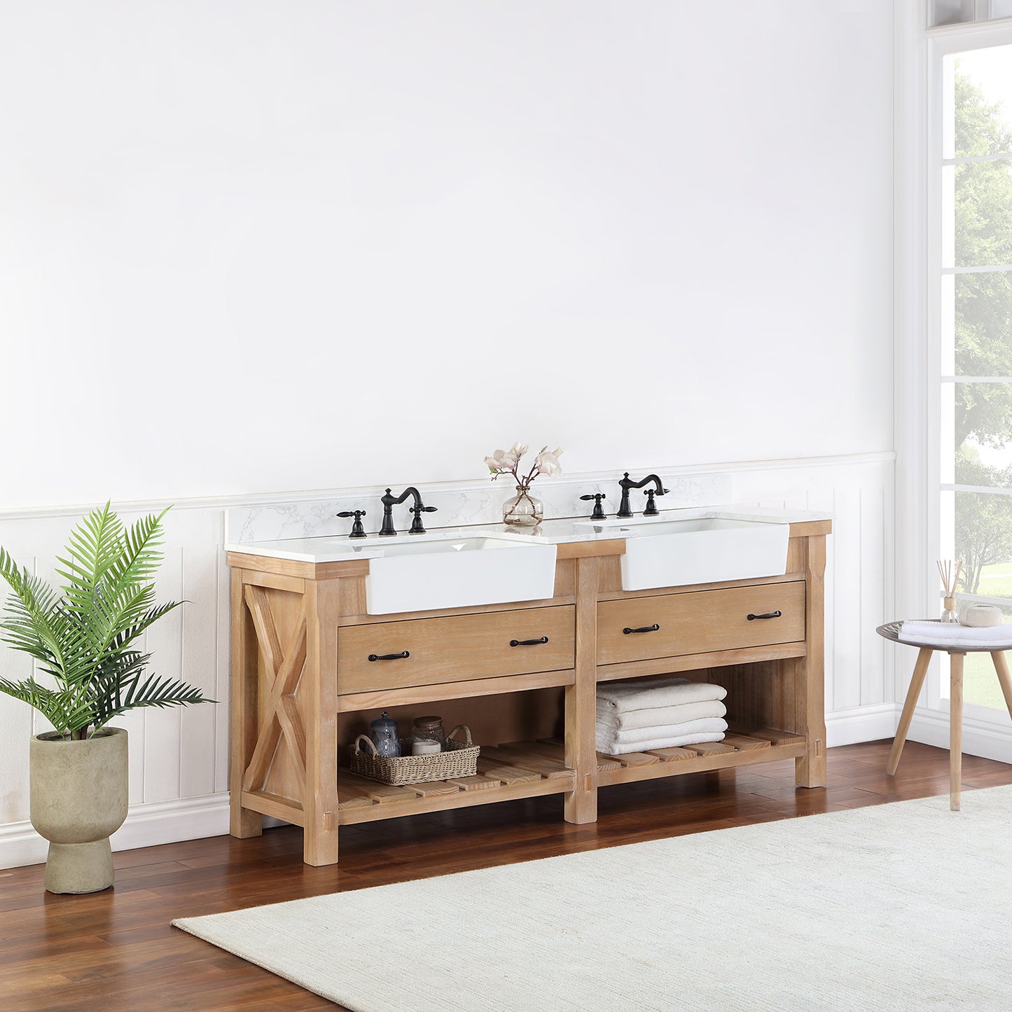 Vinnova, Villareal 72" Double Bath Vanity in Weathered Pine with Composite Stone Top in White, White Farmhouse Basin