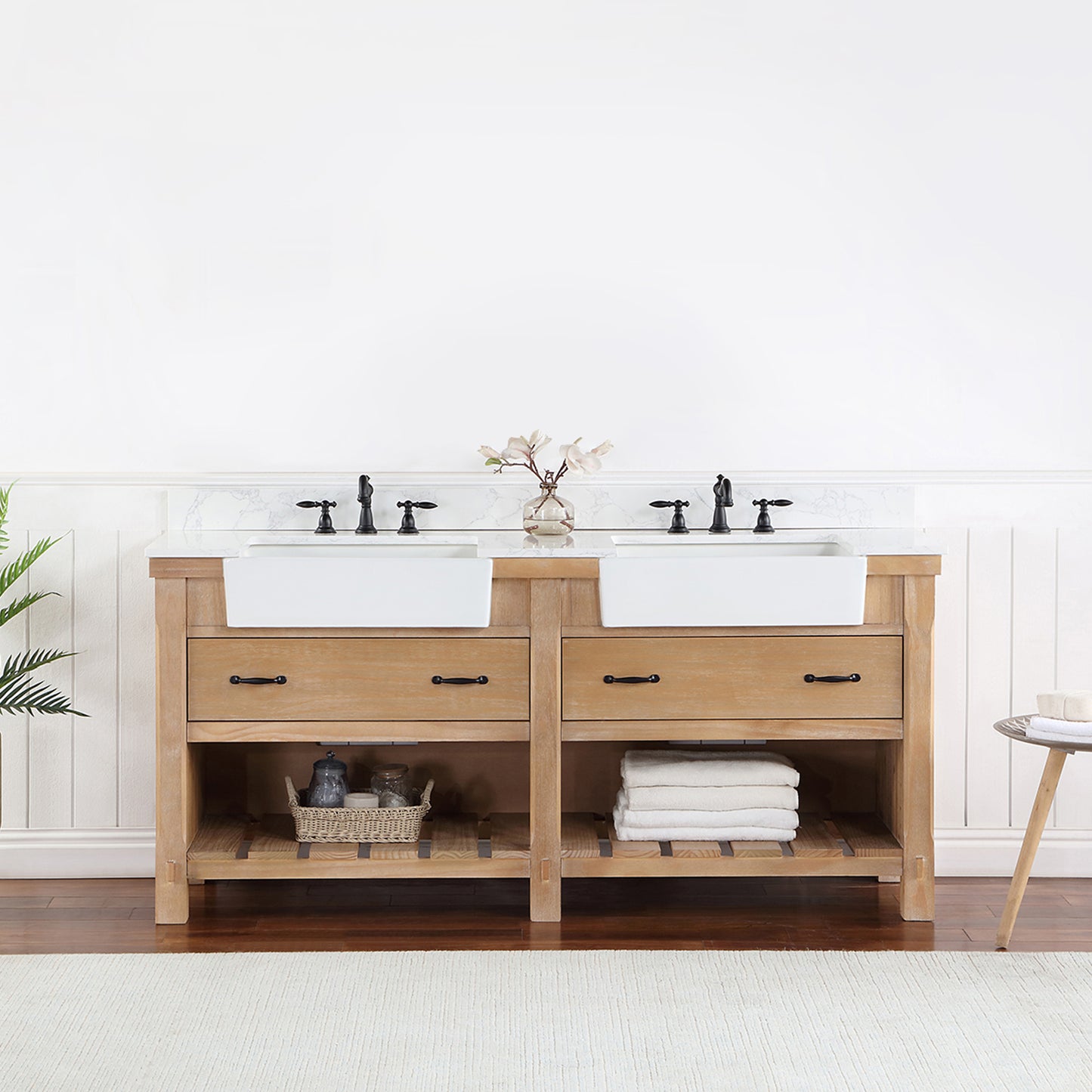 Vinnova, Villareal 72" Double Bath Vanity in Weathered Pine with Composite Stone Top in White, White Farmhouse Basin