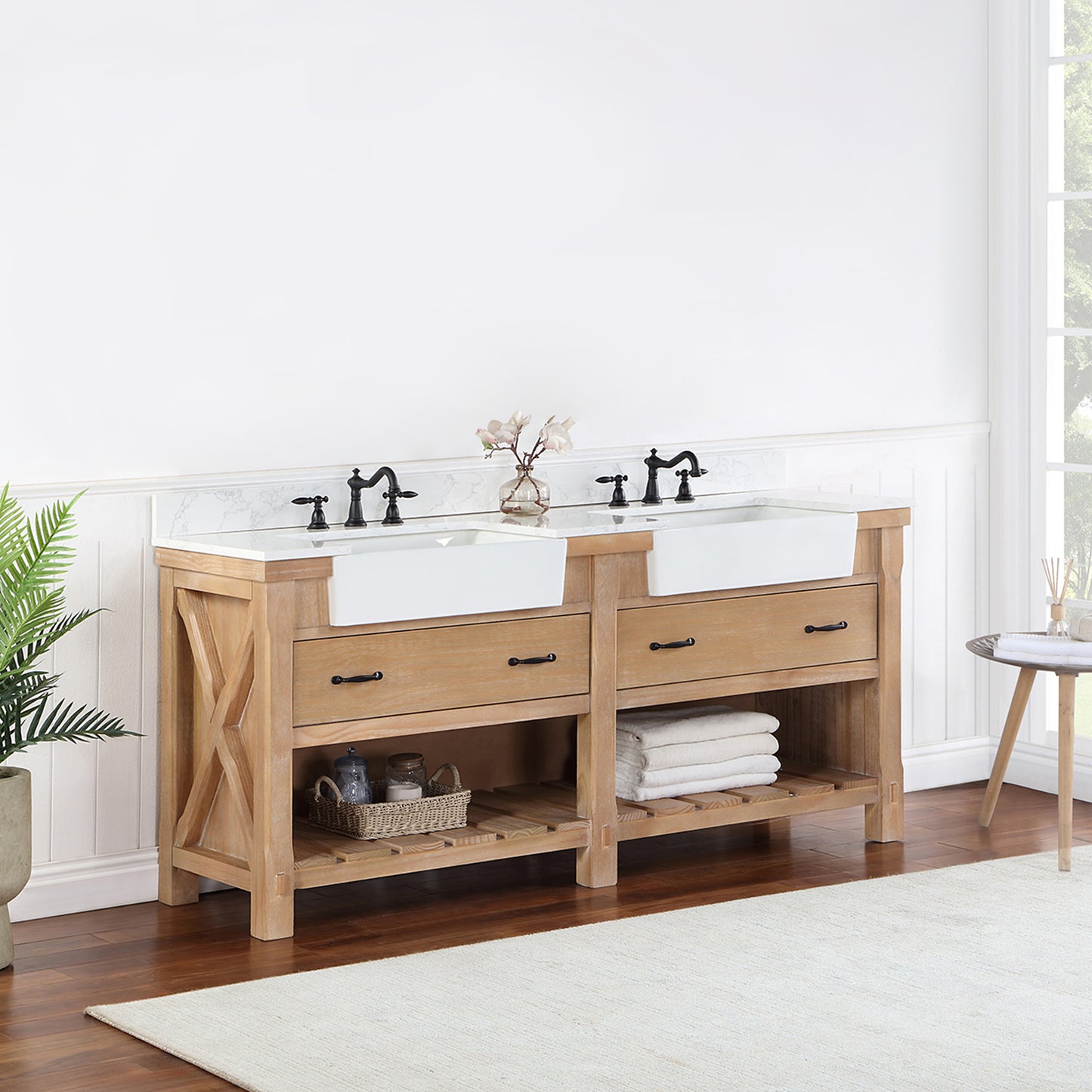 Vinnova, Villareal 72" Double Bath Vanity in Weathered Pine with Composite Stone Top in White, White Farmhouse Basin
