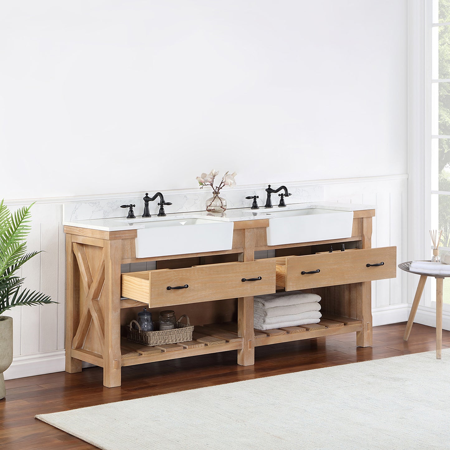 Vinnova, Villareal 72" Double Bath Vanity in Weathered Pine with Composite Stone Top in White, White Farmhouse Basin