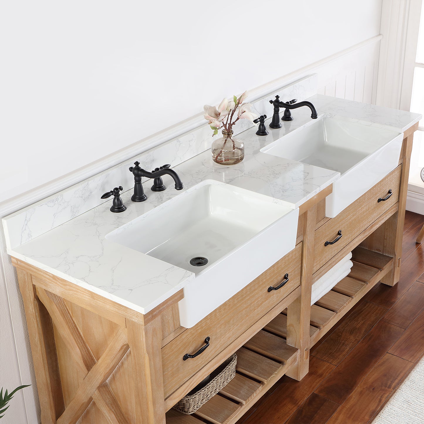 Vinnova, Villareal 72" Double Bath Vanity in Weathered Pine with Composite Stone Top in White, White Farmhouse Basin