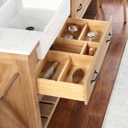 Vinnova, Villareal 72" Double Bath Vanity in Weathered Pine with Composite Stone Top in White, White Farmhouse Basin