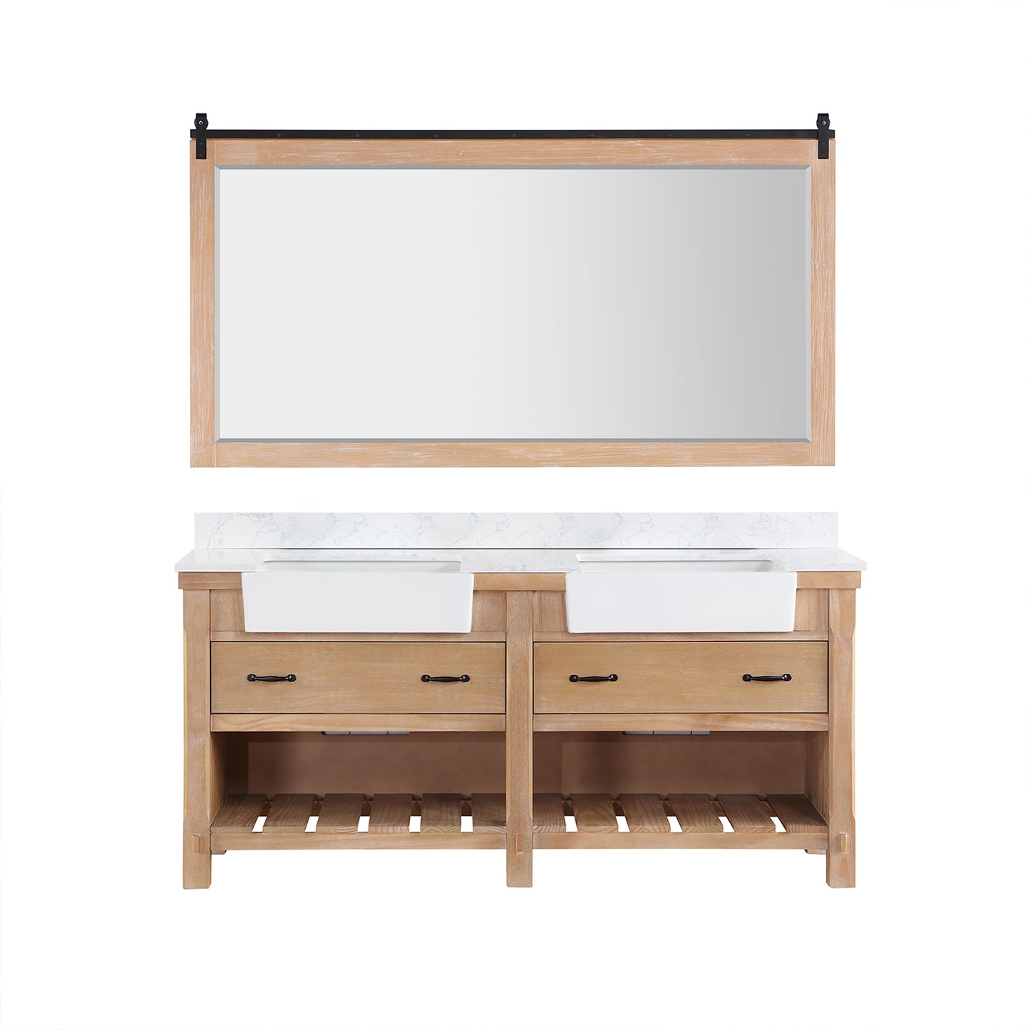 Vinnova, Villareal 72" Double Bath Vanity in Weathered Pine with Composite Stone Top in White, White Farmhouse Basin and Mirror