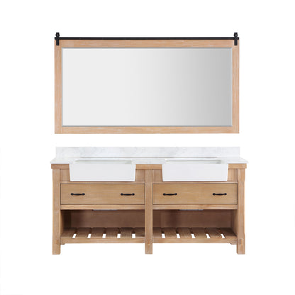 Vinnova, Villareal 72" Double Bath Vanity in Weathered Pine with Composite Stone Top in White, White Farmhouse Basin and Mirror