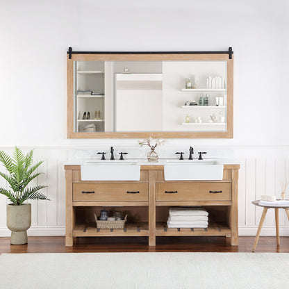 Vinnova, Villareal 72" Double Bath Vanity in Weathered Pine with Composite Stone Top in White, White Farmhouse Basin and Mirror