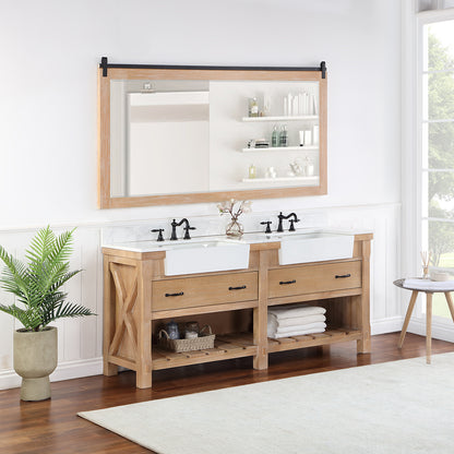 Vinnova, Villareal 72" Double Bath Vanity in Weathered Pine with Composite Stone Top in White, White Farmhouse Basin and Mirror