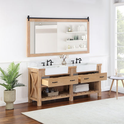 Vinnova, Villareal 72" Double Bath Vanity in Weathered Pine with Composite Stone Top in White, White Farmhouse Basin and Mirror