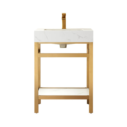Vinnova, Funes 24" Single Sink Bath Vanity in Brushed Gold Metal Support with White Sintered Stone Top
