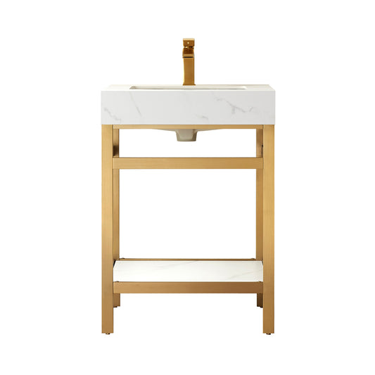Vinnova, Funes 24" Single Sink Bath Vanity in Brushed Gold Metal Support with White Sintered Stone Top