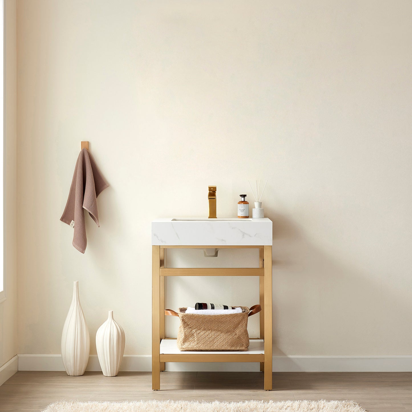 Vinnova, Funes 24" Single Sink Bath Vanity in Brushed Gold Metal Support with White Sintered Stone Top