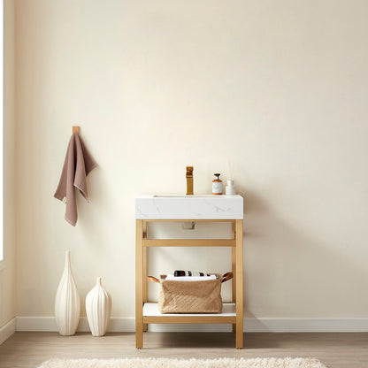Vinnova, Funes 24" Single Sink Bath Vanity in Brushed Gold Metal Support with White Sintered Stone Top