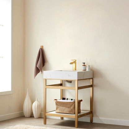 Vinnova, Funes 24" Single Sink Bath Vanity in Brushed Gold Metal Support with White Sintered Stone Top