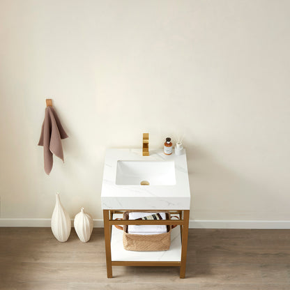 Vinnova, Funes 24" Single Sink Bath Vanity in Brushed Gold Metal Support with White Sintered Stone Top