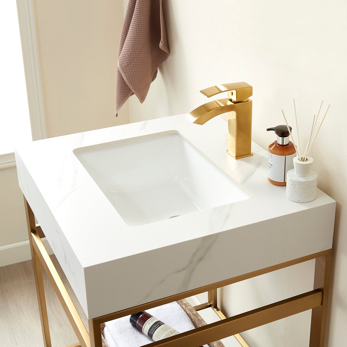 Vinnova, Funes 24" Single Sink Bath Vanity in Brushed Gold Metal Support with White Sintered Stone Top