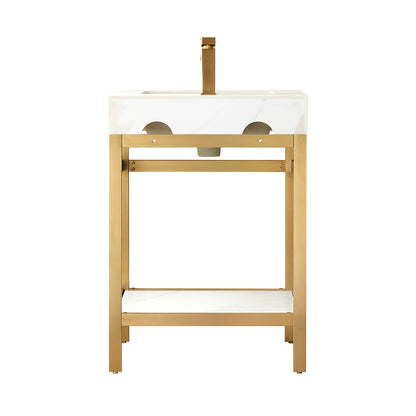 Vinnova, Funes 24" Single Sink Bath Vanity in Brushed Gold Metal Support with White Sintered Stone Top