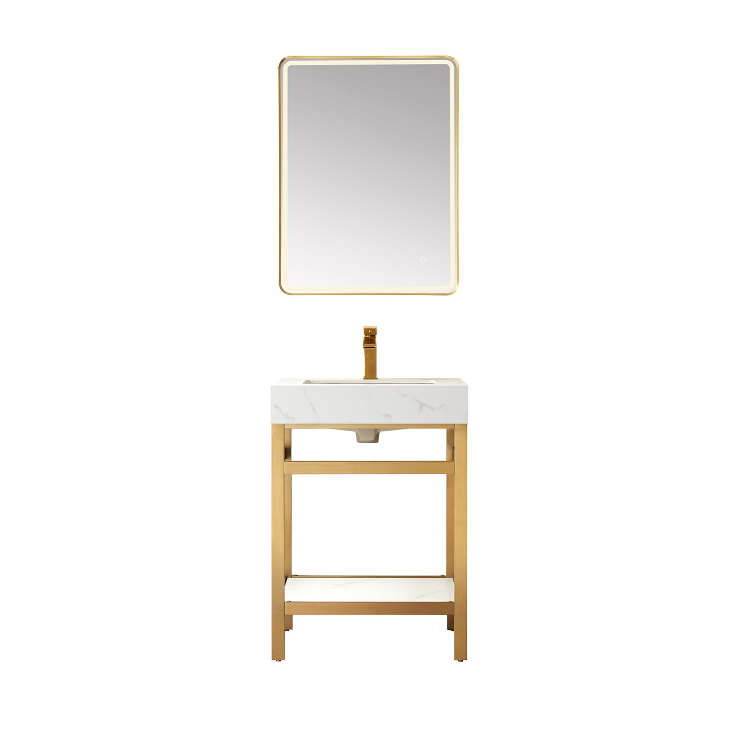 Vinnova, Funes 24" Single Sink Bath Vanity in Brushed Gold Metal Support with White Sintered Stone Top and Mirror