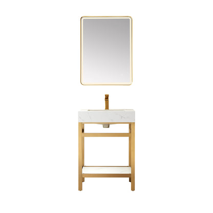 Vinnova, Funes 24" Single Sink Bath Vanity in Brushed Gold Metal Support with White Sintered Stone Top and Mirror