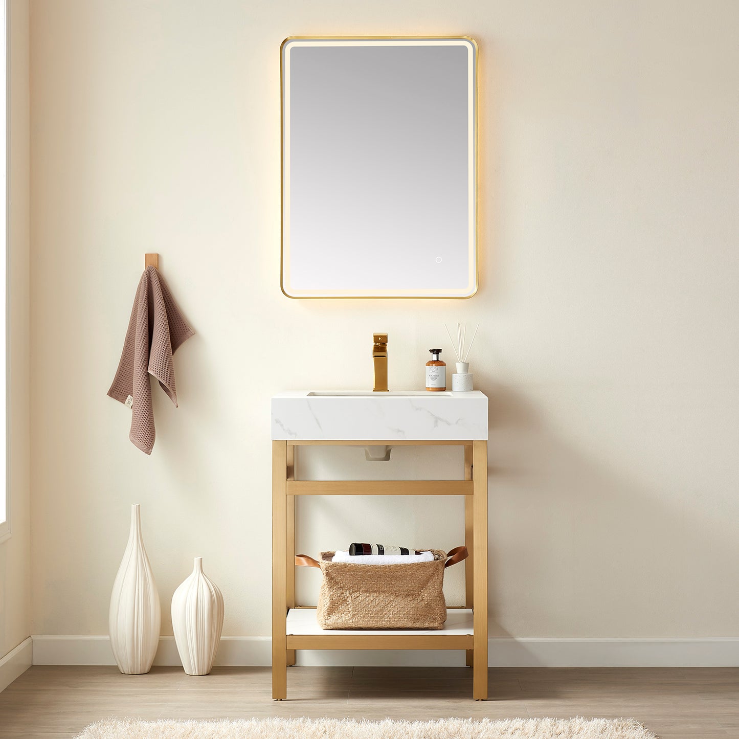 Vinnova, Funes 24" Single Sink Bath Vanity in Brushed Gold Metal Support with White Sintered Stone Top and Mirror