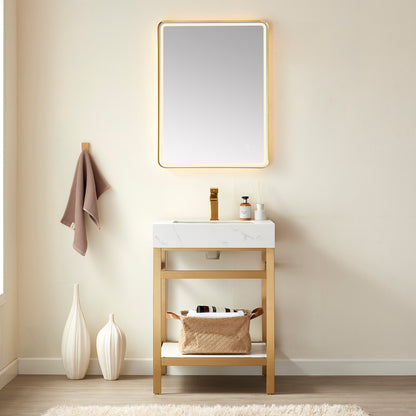 Vinnova, Funes 24" Single Sink Bath Vanity in Brushed Gold Metal Support with White Sintered Stone Top and Mirror
