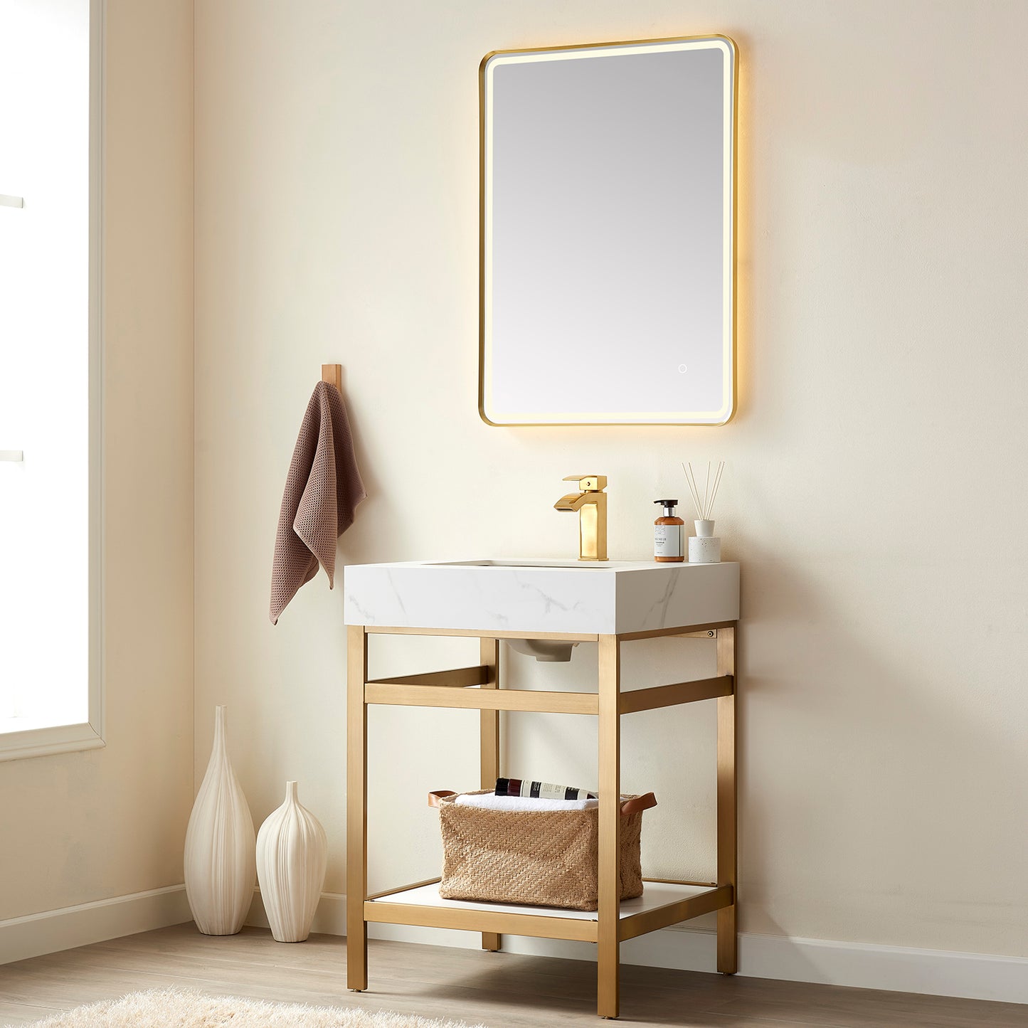 Vinnova, Funes 24" Single Sink Bath Vanity in Brushed Gold Metal Support with White Sintered Stone Top and Mirror