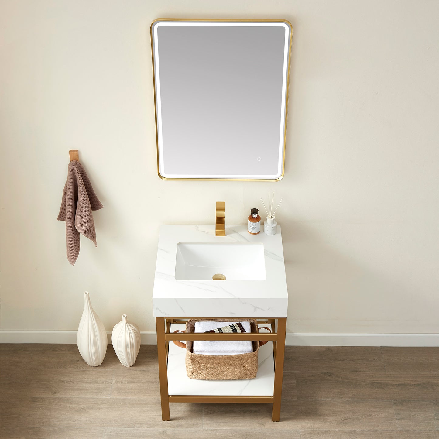 Vinnova, Funes 24" Single Sink Bath Vanity in Brushed Gold Metal Support with White Sintered Stone Top and Mirror