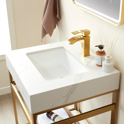 Vinnova, Funes 24" Single Sink Bath Vanity in Brushed Gold Metal Support with White Sintered Stone Top and Mirror