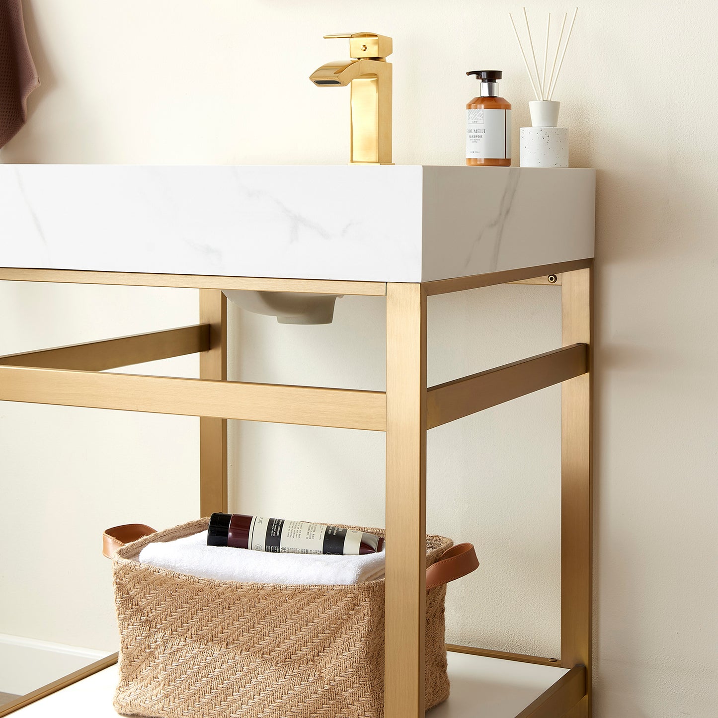 Vinnova, Funes 24" Single Sink Bath Vanity in Brushed Gold Metal Support with White Sintered Stone Top and Mirror
