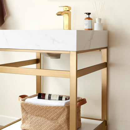 Vinnova, Funes 24" Single Sink Bath Vanity in Brushed Gold Metal Support with White Sintered Stone Top and Mirror