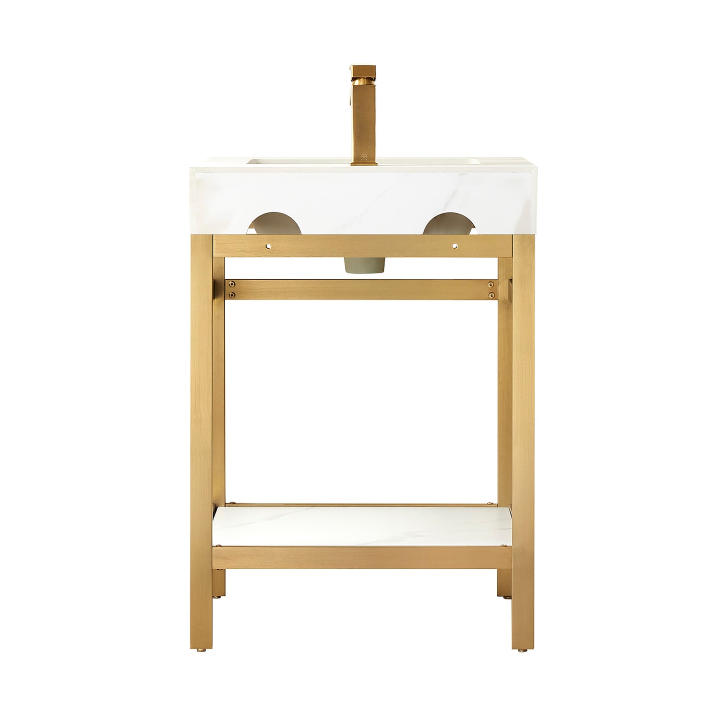 Vinnova, Funes 24" Single Sink Bath Vanity in Brushed Gold Metal Support with White Sintered Stone Top and Mirror