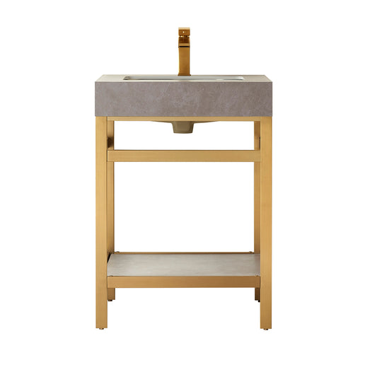 Vinnova, Funes 24" Single Sink Bath Vanity in Brushed Gold Metal Support with Grey Sintered Stone Top