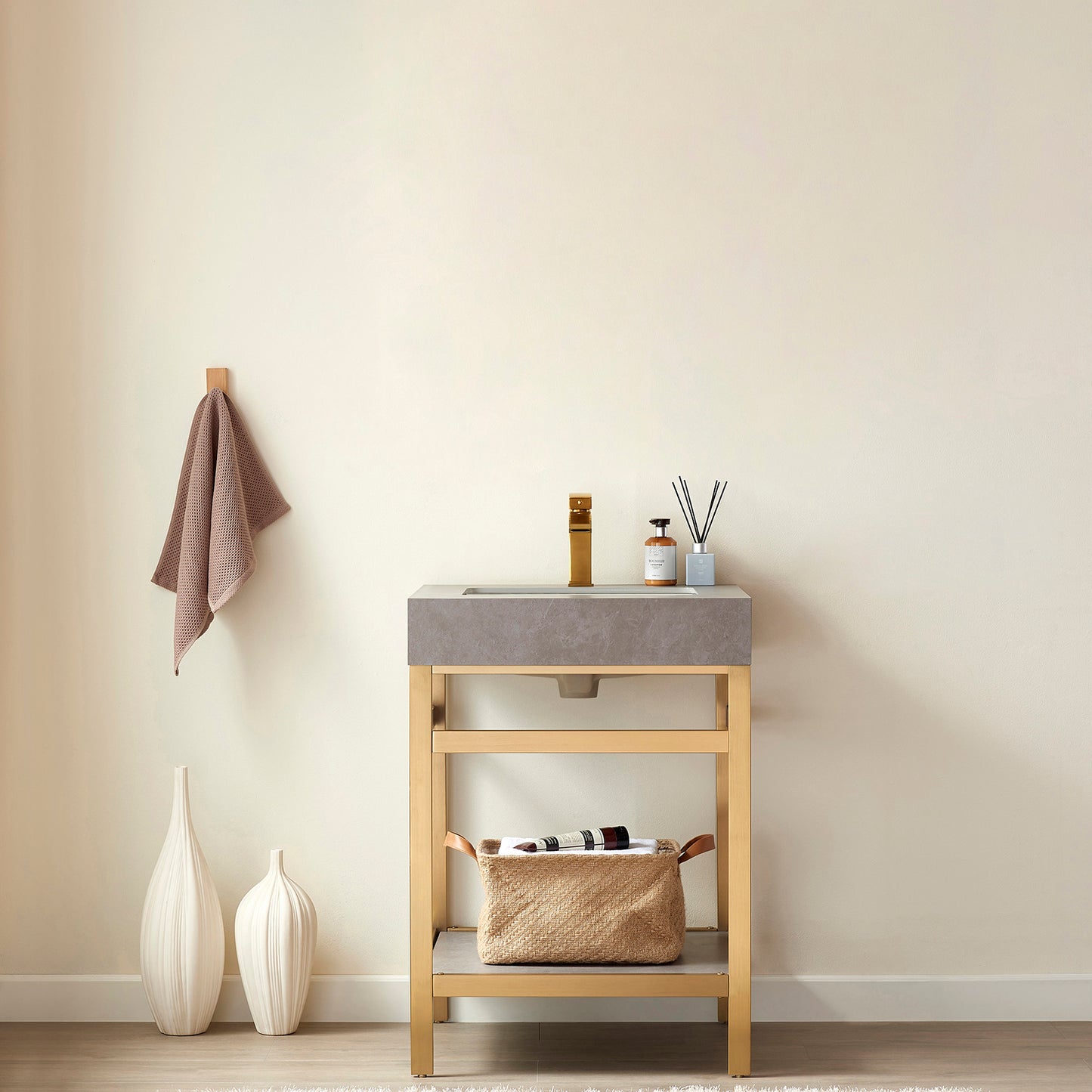 Vinnova, Funes 24" Single Sink Bath Vanity in Brushed Gold Metal Support with Grey Sintered Stone Top
