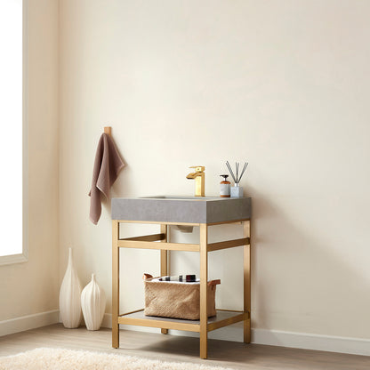 Vinnova, Funes 24" Single Sink Bath Vanity in Brushed Gold Metal Support with Grey Sintered Stone Top
