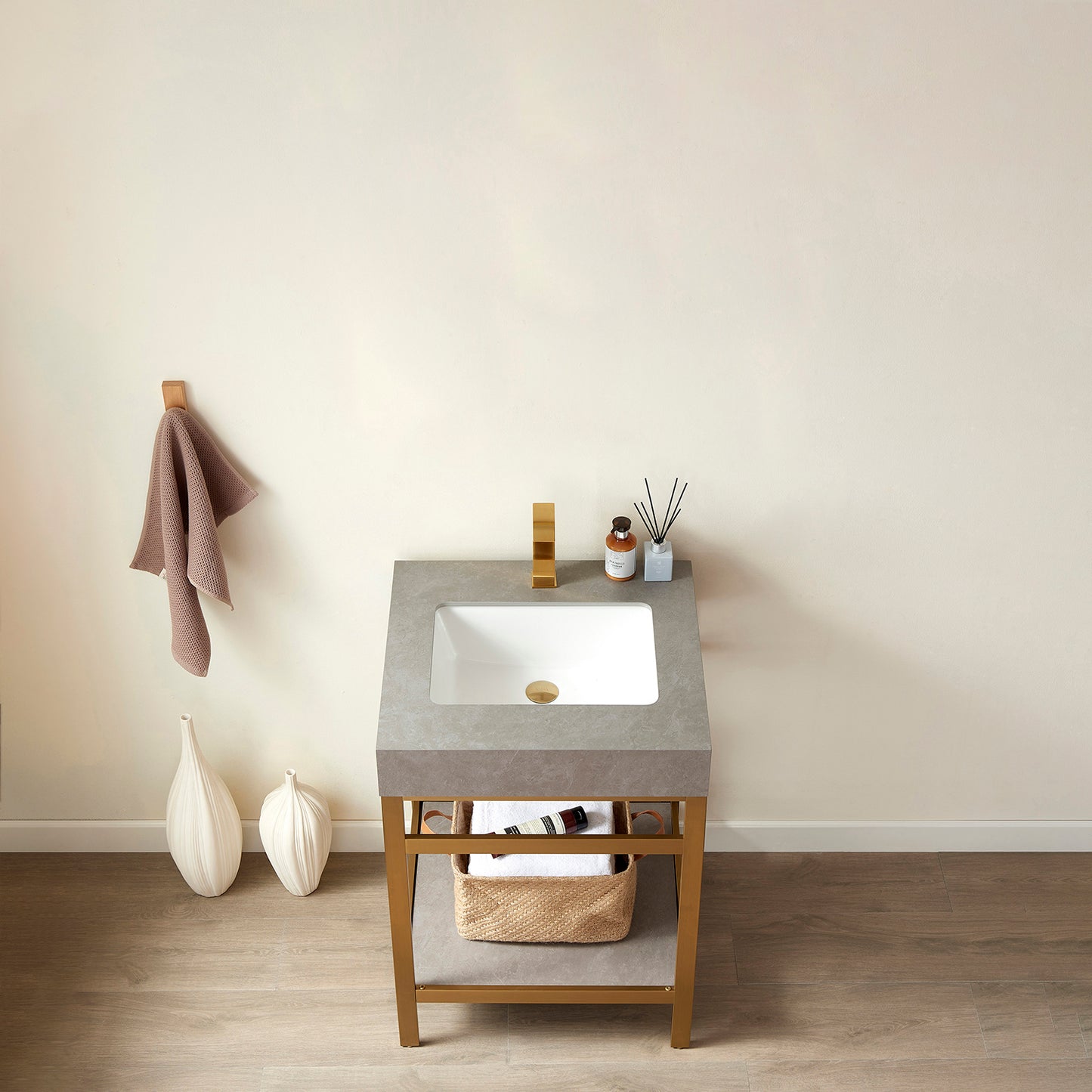 Vinnova, Funes 24" Single Sink Bath Vanity in Brushed Gold Metal Support with Grey Sintered Stone Top