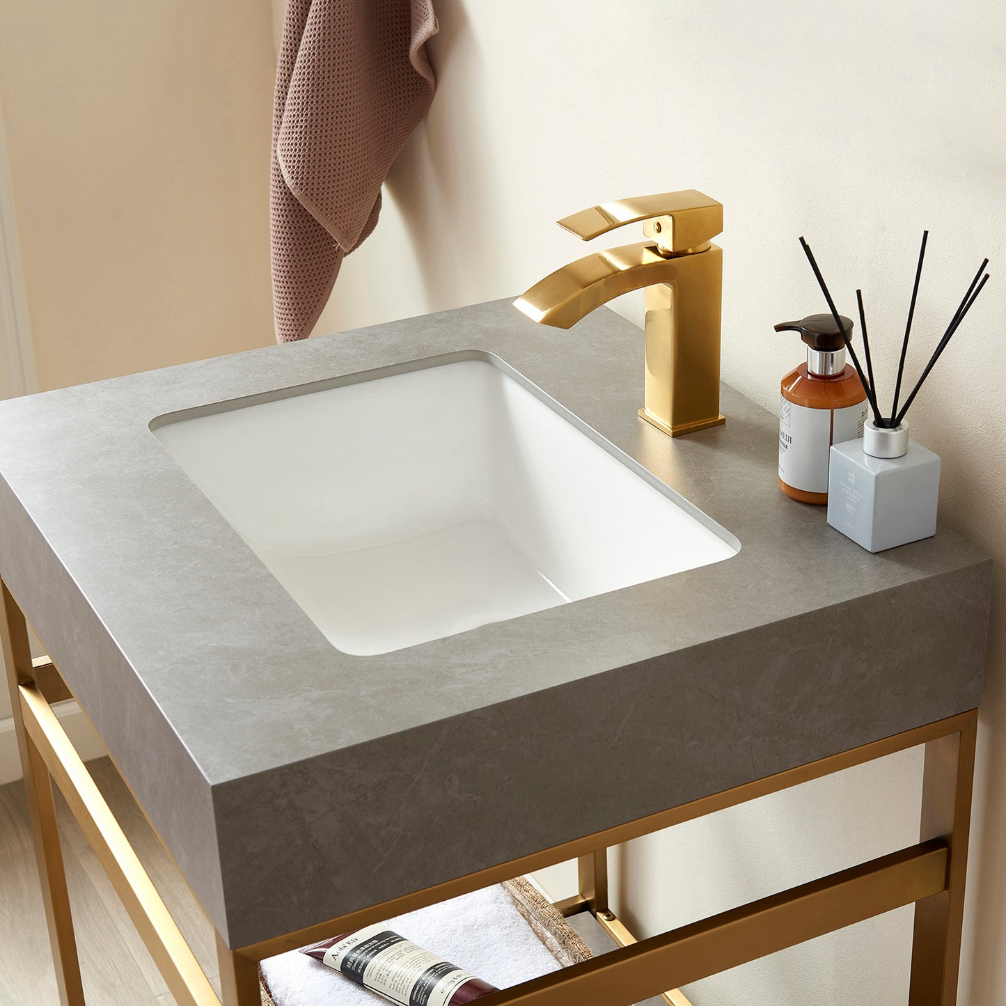 Vinnova, Funes 24" Single Sink Bath Vanity in Brushed Gold Metal Support with Grey Sintered Stone Top