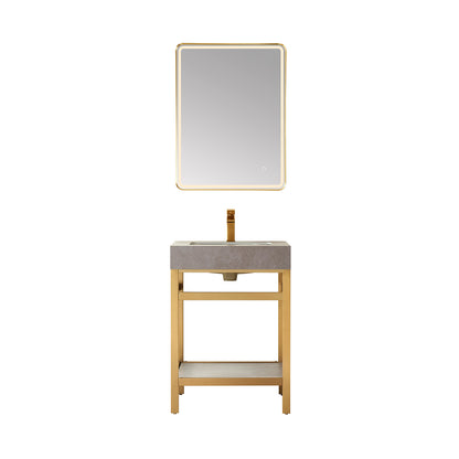 Vinnova, Funes 24" Single Sink Bath Vanity in Brushed Gold Metal Support with Grey Sintered Stone Top and Mirror