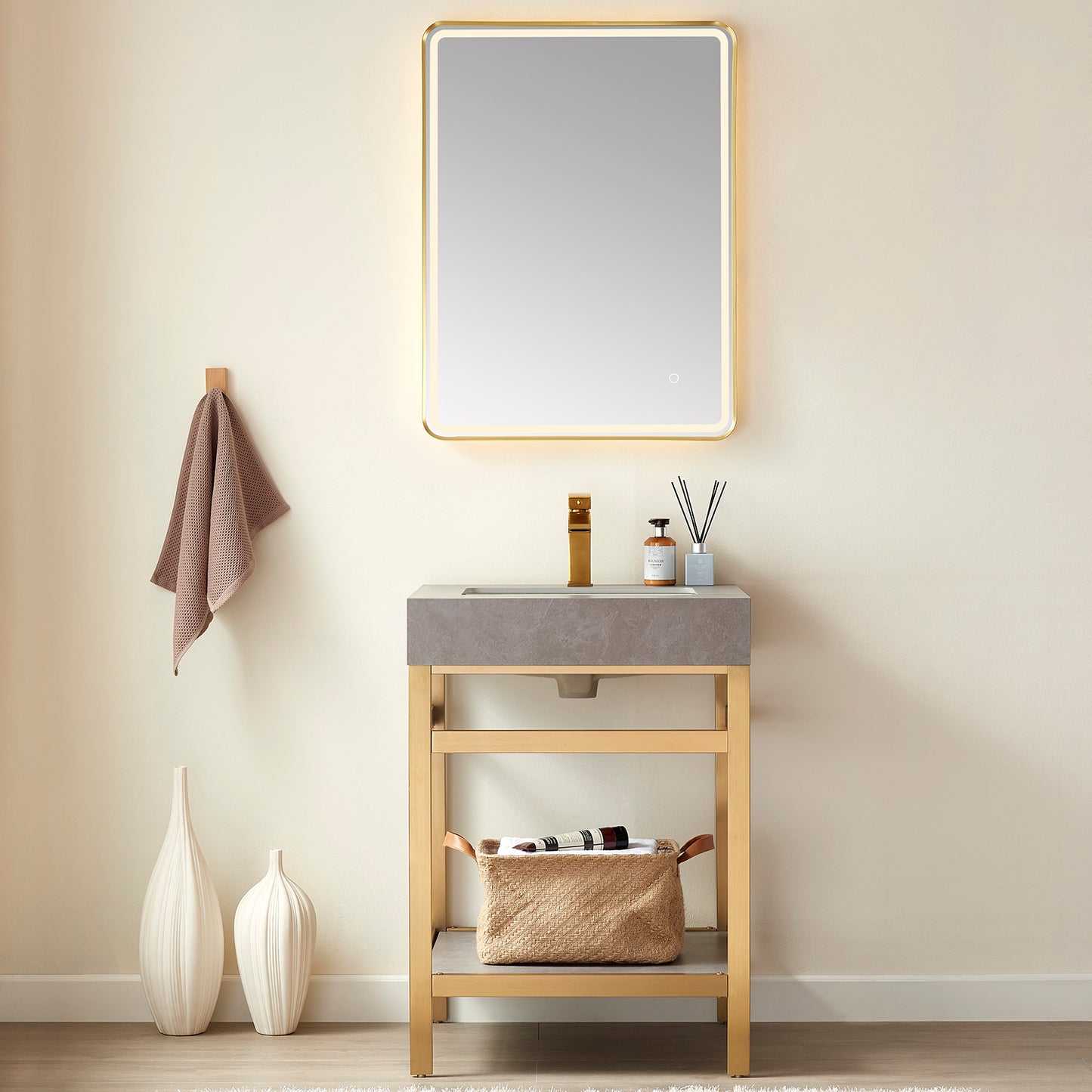 Vinnova, Funes 24" Single Sink Bath Vanity in Brushed Gold Metal Support with Grey Sintered Stone Top and Mirror