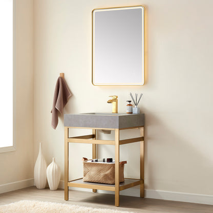 Vinnova, Funes 24" Single Sink Bath Vanity in Brushed Gold Metal Support with Grey Sintered Stone Top and Mirror