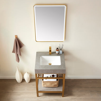 Vinnova, Funes 24" Single Sink Bath Vanity in Brushed Gold Metal Support with Grey Sintered Stone Top and Mirror