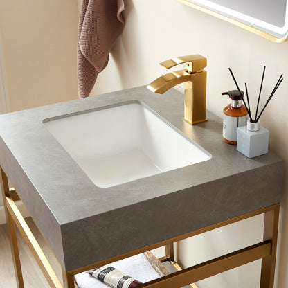 Vinnova, Funes 24" Single Sink Bath Vanity in Brushed Gold Metal Support with Grey Sintered Stone Top and Mirror